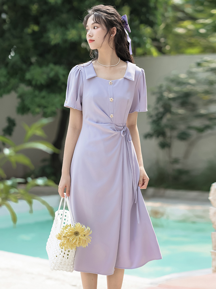 French Style Dress Women Summer Slimming Niche Design Square Neck Long Dress - Image 4