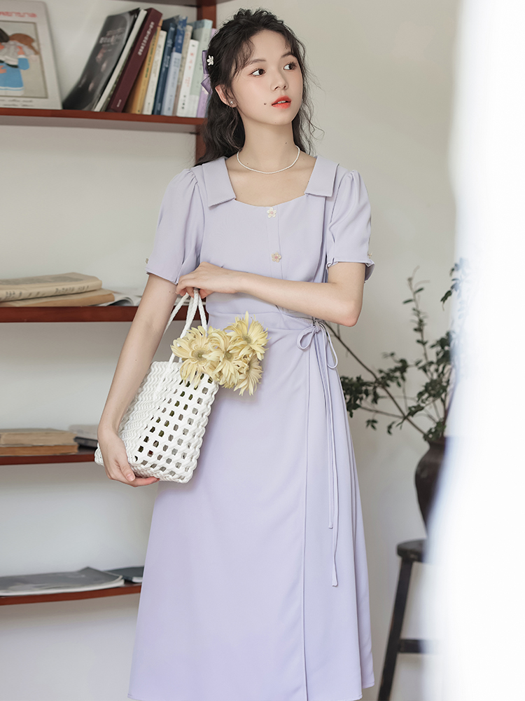 French Style Dress Women Summer Slimming Niche Design Square Neck Long Dress - Image 2
