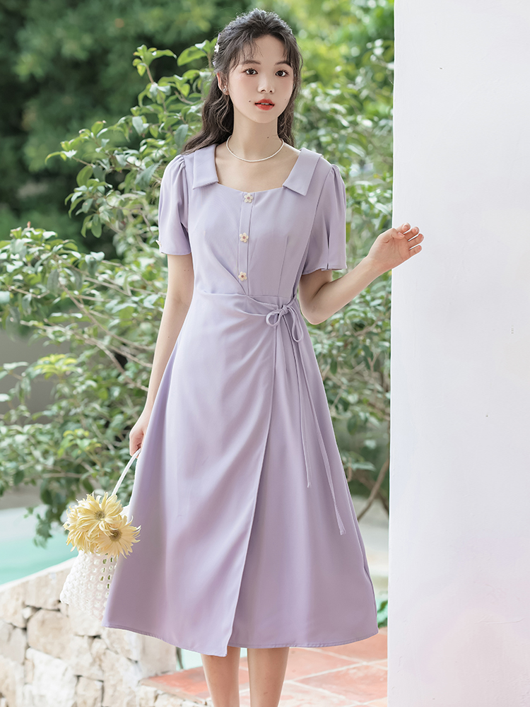 French Style Dress Women Summer Slimming Niche Design Square Neck Long Dress