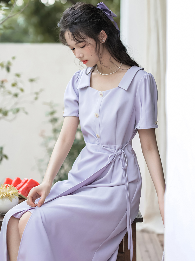 French Style Dress Women Summer Slimming Niche Design Square Neck Long Dress - Image 3