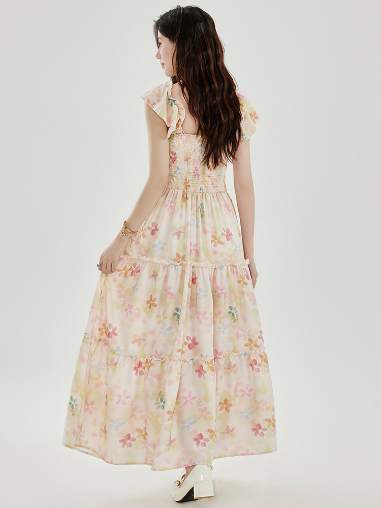 French Square Neck Floral Midi Dress with Cap Sleeves and Waist-Cinching Fit - Image 3