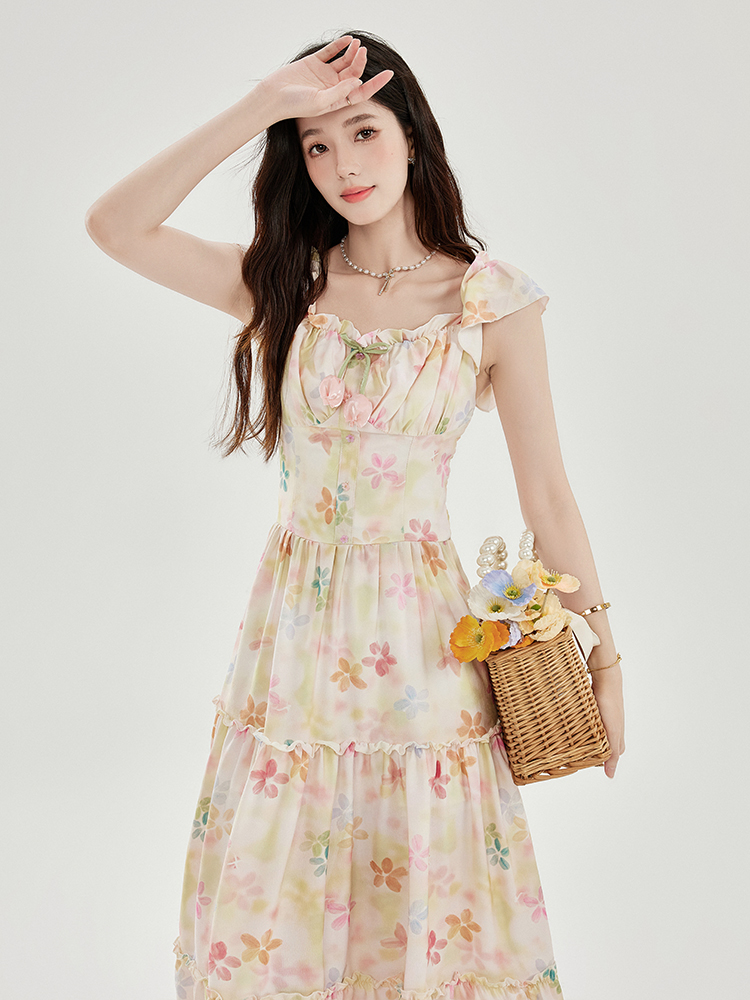 French Square Neck Floral Midi Dress with Cap Sleeves and Waist-Cinching Fit - Image 4