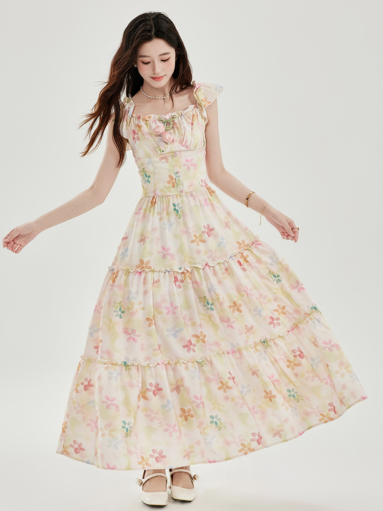 French Square Neck Floral Midi Dress with Cap Sleeves and Waist-Cinching Fit