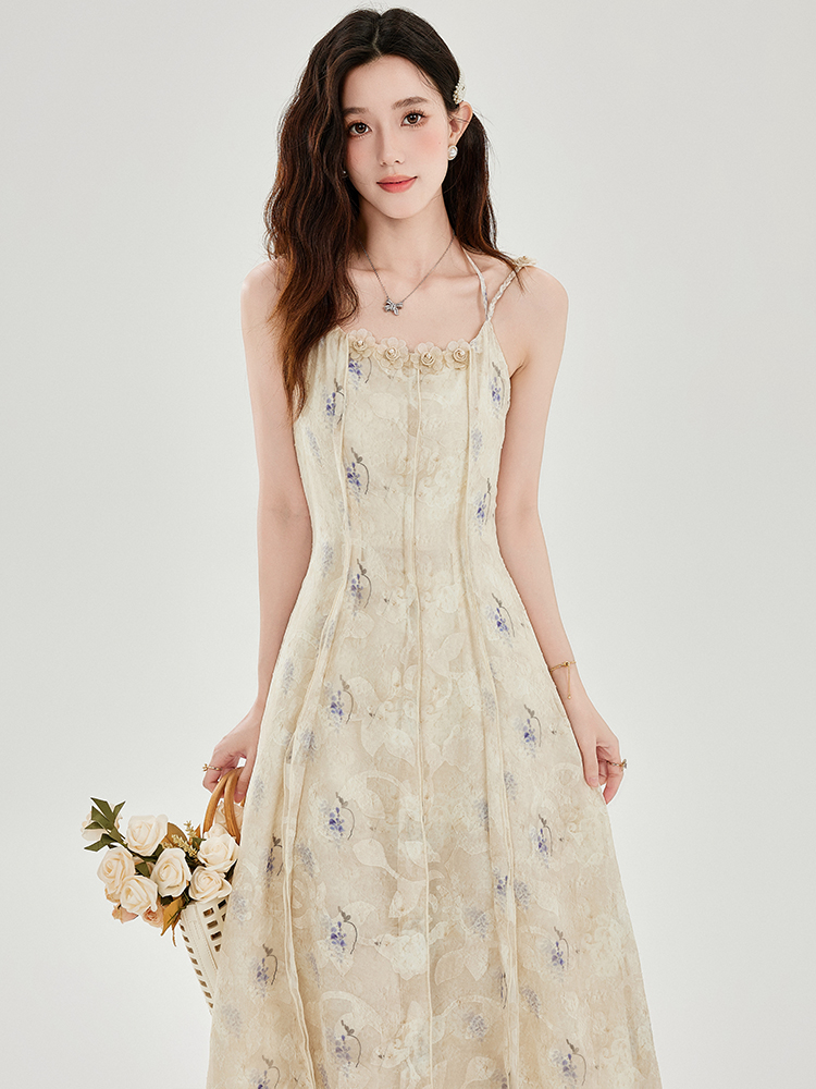 Elegant Floral Print Sleeveless Long Dress for Summer Beach Vacation