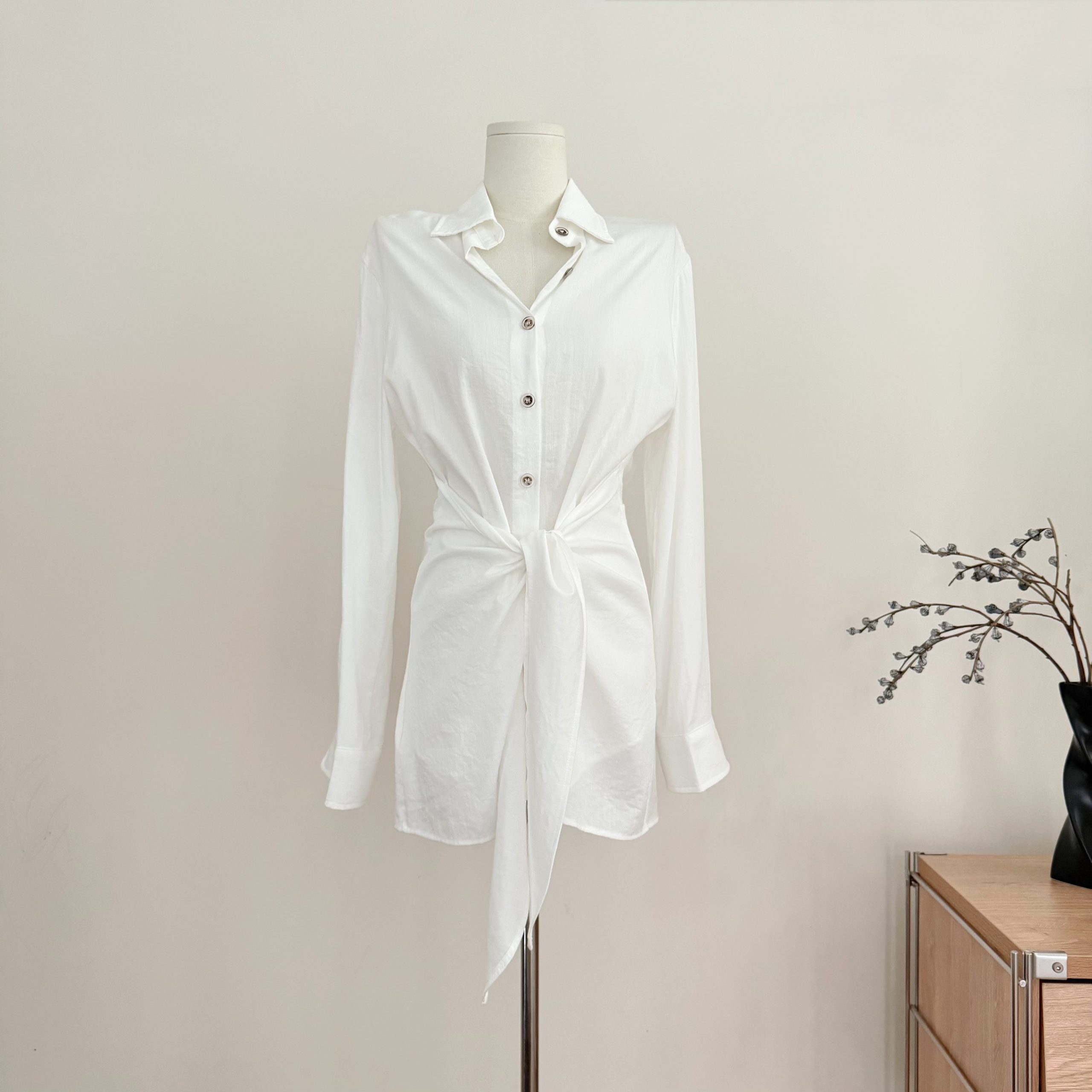 CHICYOU White Linen Blend Tie Shirt Dress