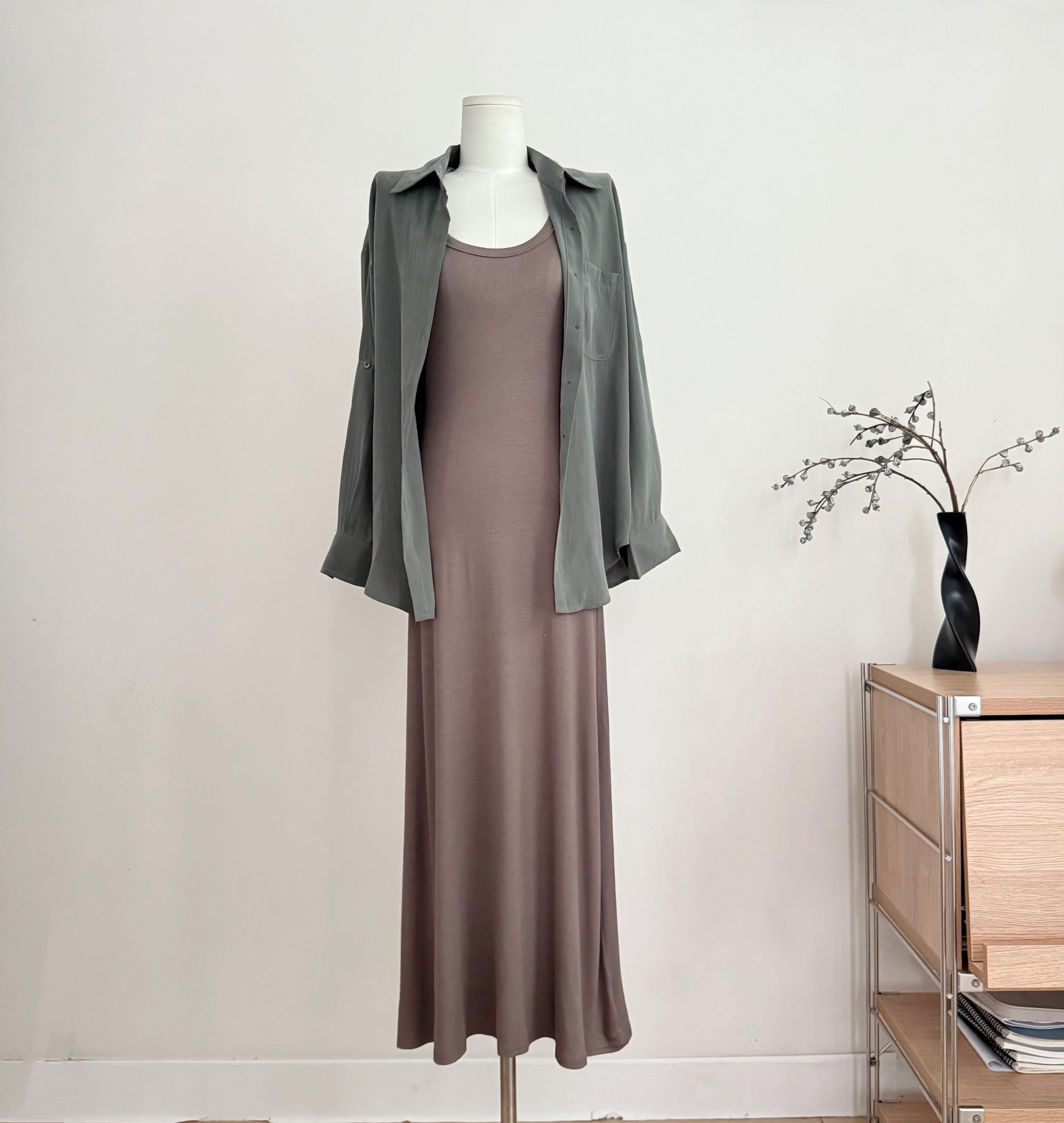 Women’s Loose Fit Long Sleeve Modal Shirt with Collar – Gray Green