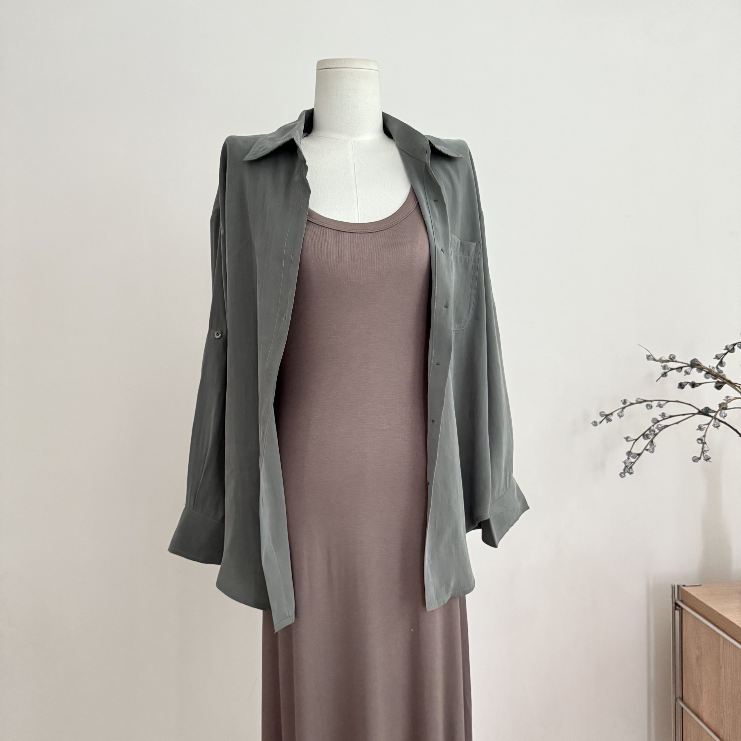 Women's Loose Fit Long Sleeve Modal Shirt with Collar - Gray Green - Image 2