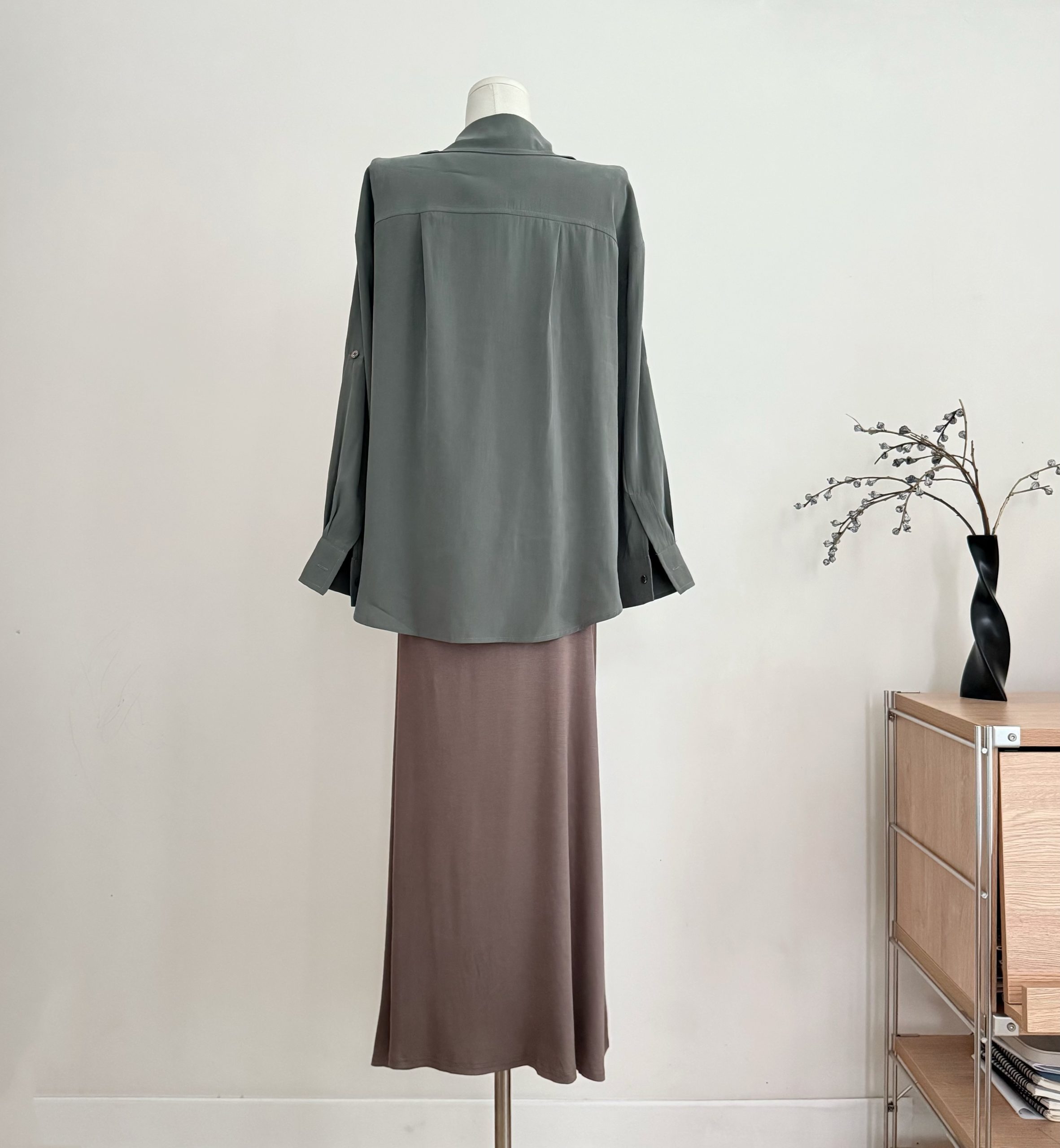 Women's Loose Fit Long Sleeve Modal Shirt with Collar - Gray Green - Image 3