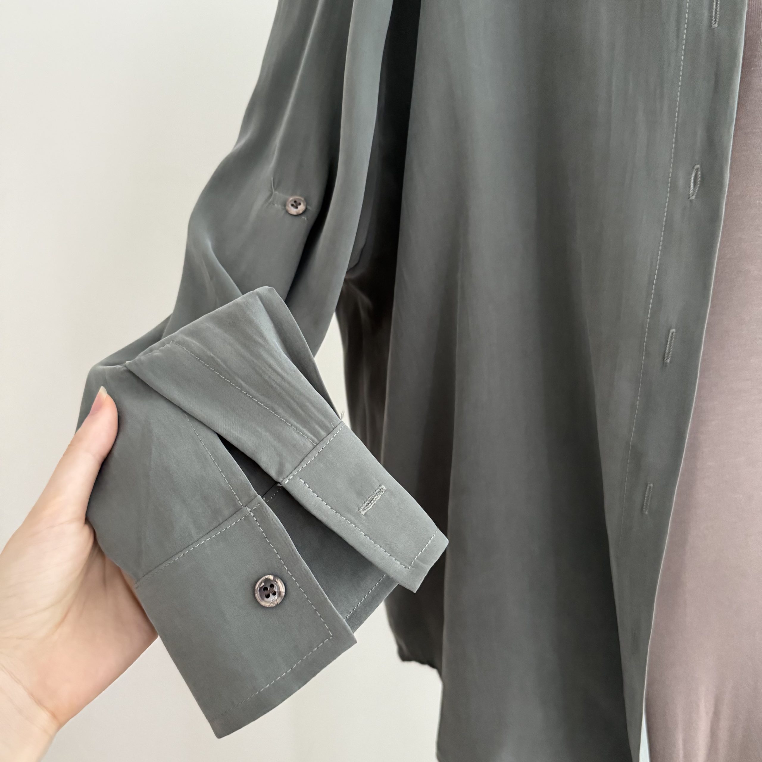 Women's Loose Fit Long Sleeve Modal Shirt with Collar - Gray Green - Image 5