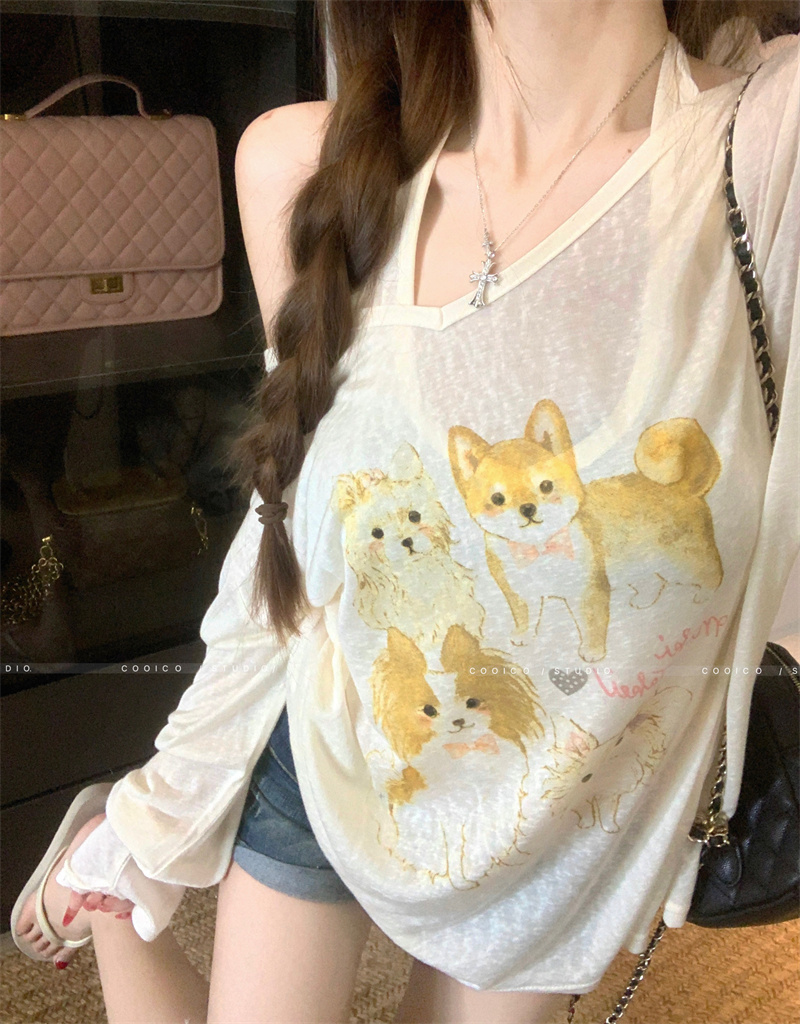 Dog Print V-Neck Sun Protection Cover-Up with Halter Cami Two-Piece Set - Image 3