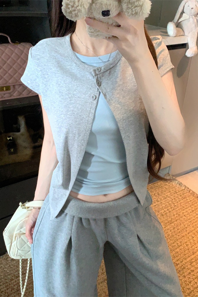 Women's Summer Color-Block Faux Two-Piece Short Sleeve T-Shirt - Image 5