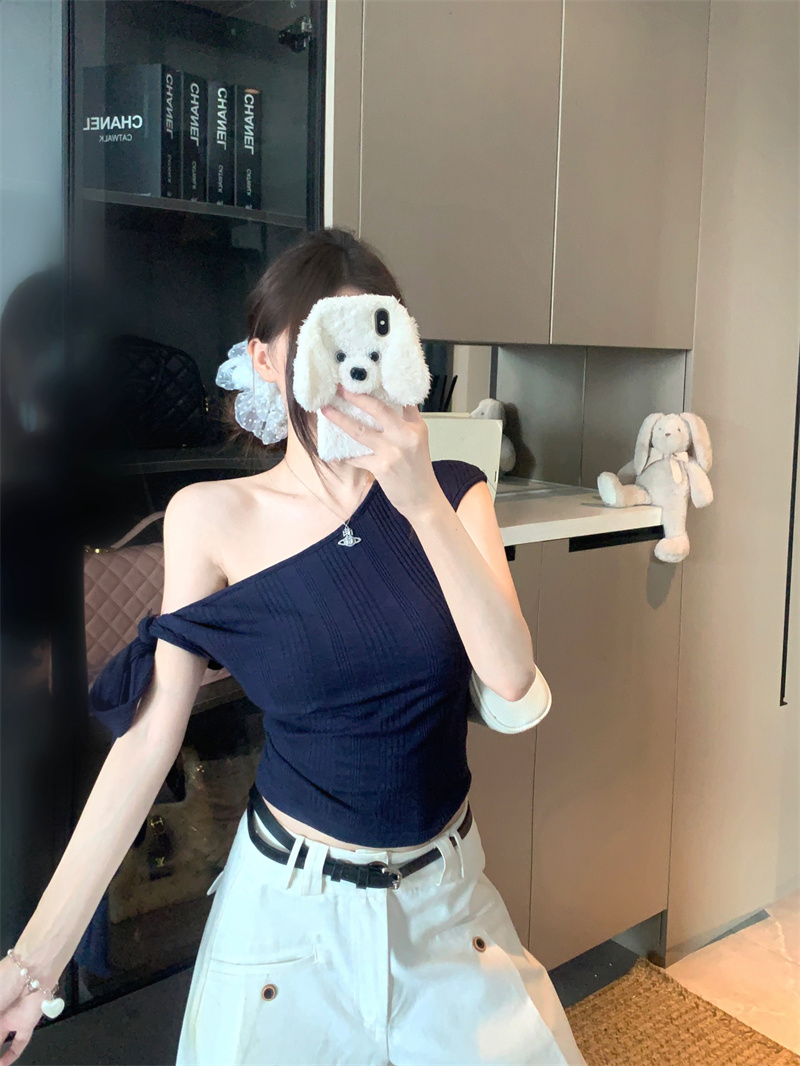Asymmetric One-Shoulder Short Sleeve T-Shirt for Women Summer Slim Fit - Image 3