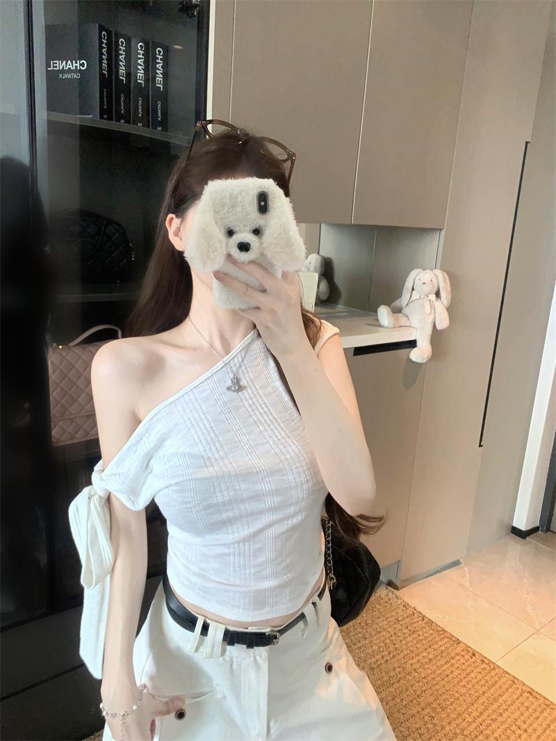 Asymmetric One-Shoulder Short Sleeve T-Shirt for Women Summer Slim Fit - Image 4