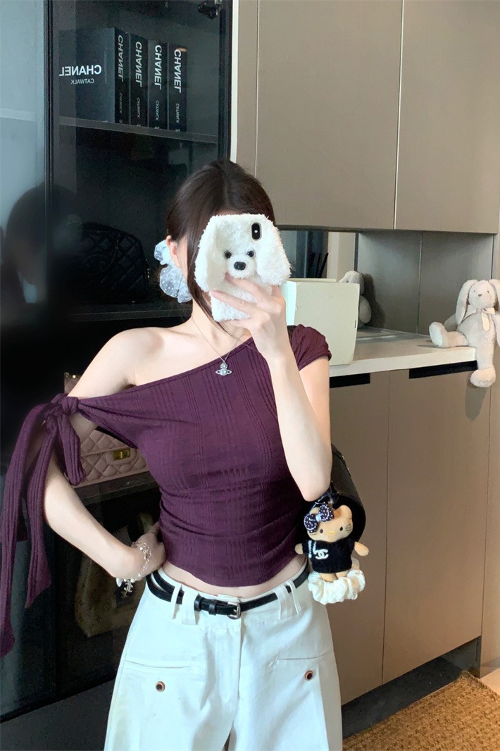 Asymmetric One-Shoulder Short Sleeve T-Shirt for Women Summer Slim Fit - Image 5
