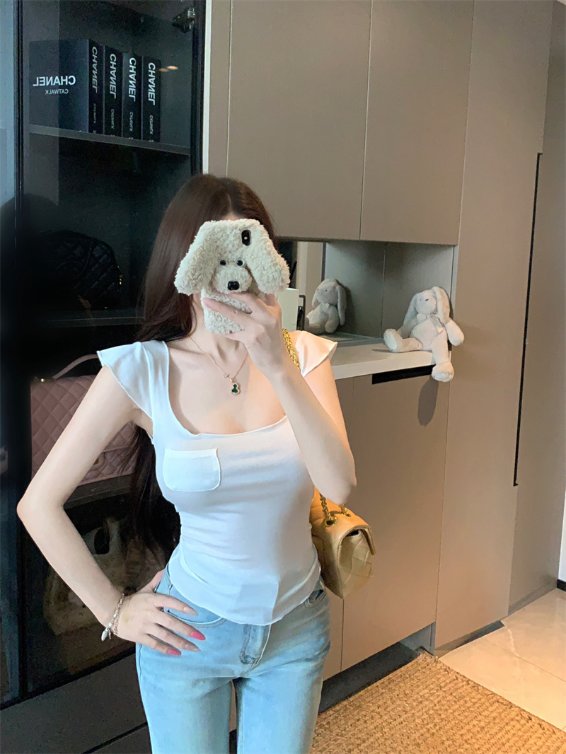 Pure Desire Square Neck Ruffle Sleeve Stretch T-Shirt Women Summer Waist Top