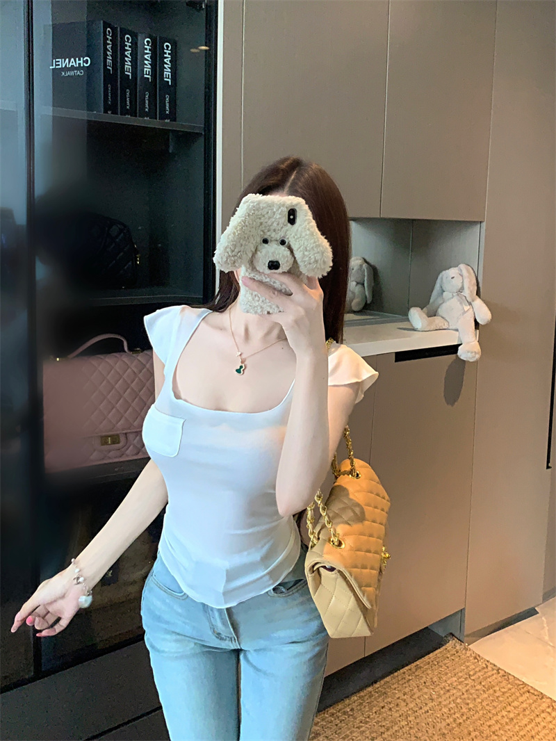 Pure Desire Square Neck Ruffle Sleeve Stretch T-Shirt Women Summer Waist Top - Image 3