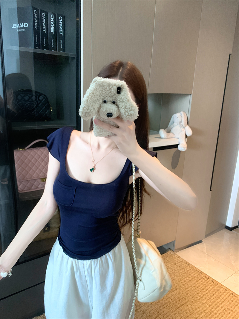 Pure Desire Square Neck Ruffle Sleeve Stretch T-Shirt Women Summer Waist Top - Image 2