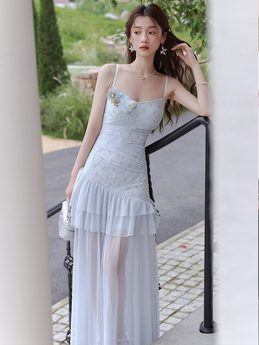 Light Blue Sleeveless Mesh Floral A-Line Midi Dress for Women Summer