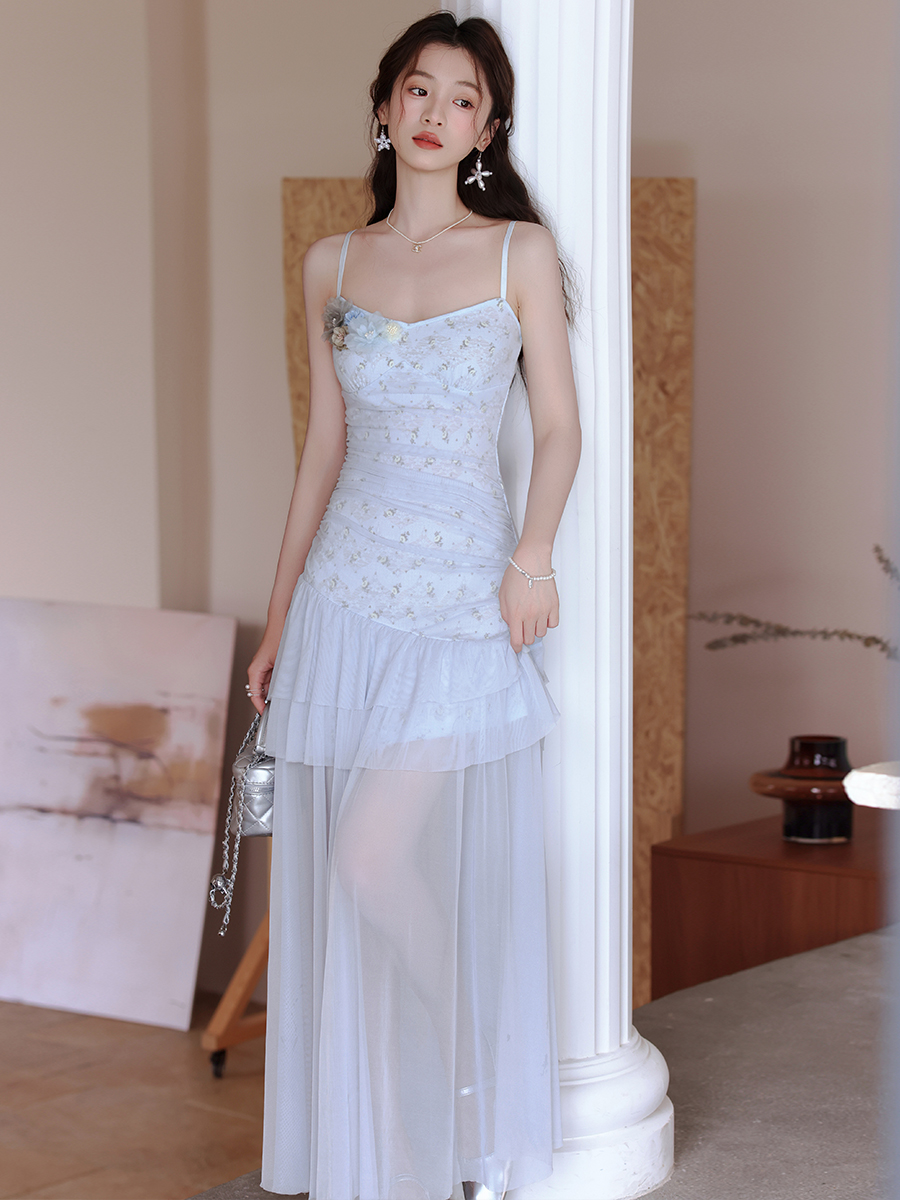 Light Blue Sleeveless Mesh Floral A-Line Midi Dress for Women Summer - Image 3