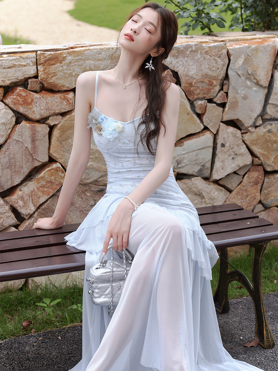 Light Blue Sleeveless Mesh Floral A-Line Midi Dress for Women Summer - Image 2