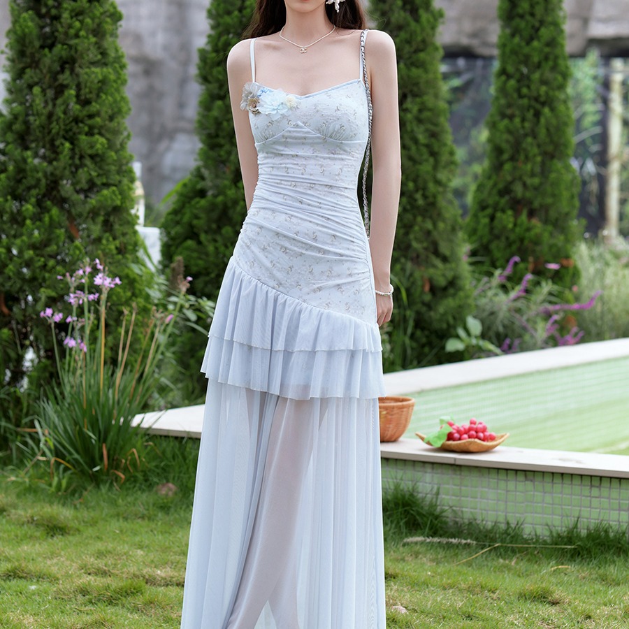 Light Blue Sleeveless Mesh Floral A-Line Midi Dress for Women Summer - Image 5