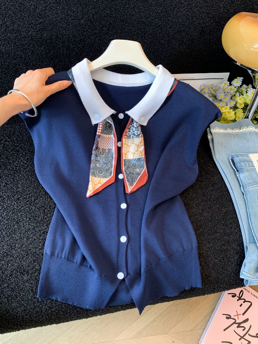 Women’s French Short Sleeve Knit Top 2026 Summer Scarf Tie Detail Cap Sleeve Loose Fit