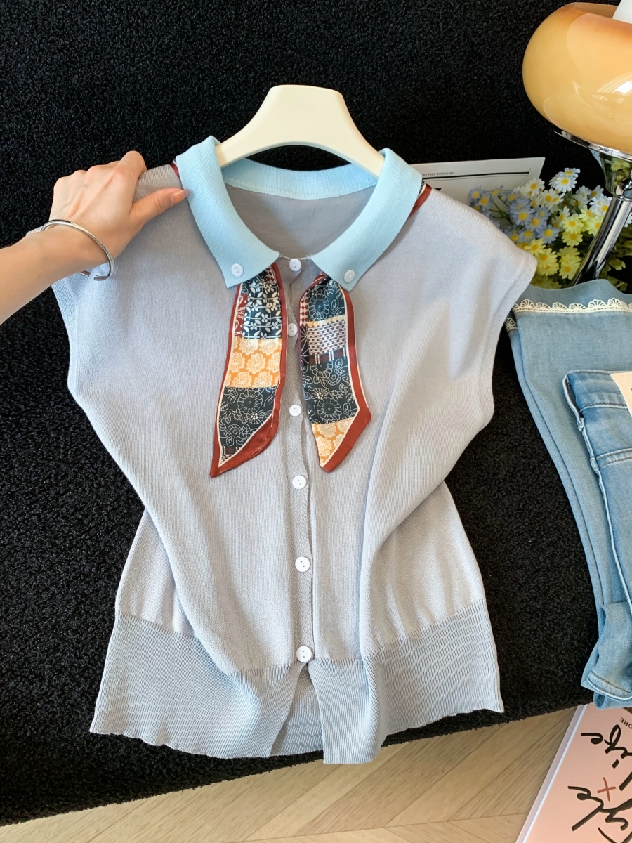 Women's French Short Sleeve Knit Top 2026 Summer Scarf Tie Detail Cap Sleeve Loose Fit - Image 3