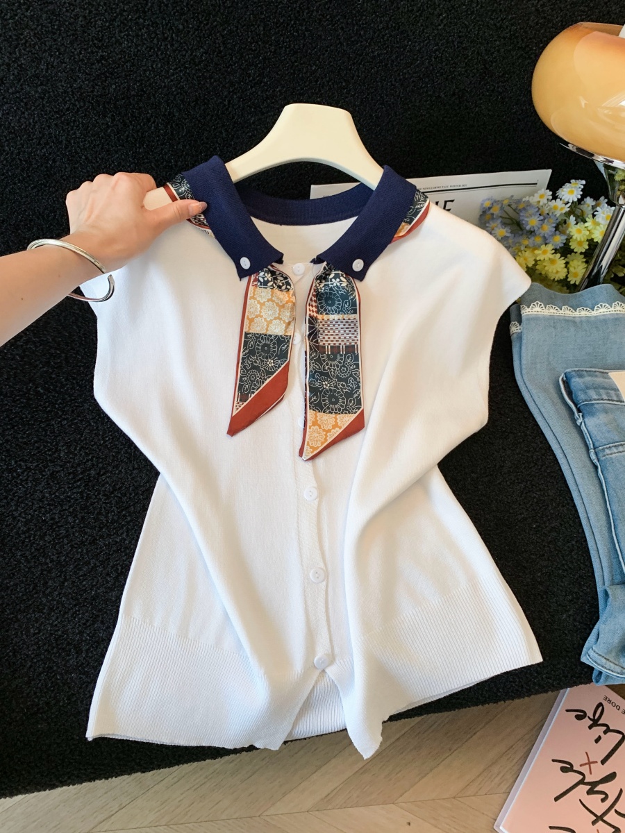Women's French Short Sleeve Knit Top 2026 Summer Scarf Tie Detail Cap Sleeve Loose Fit - Image 2