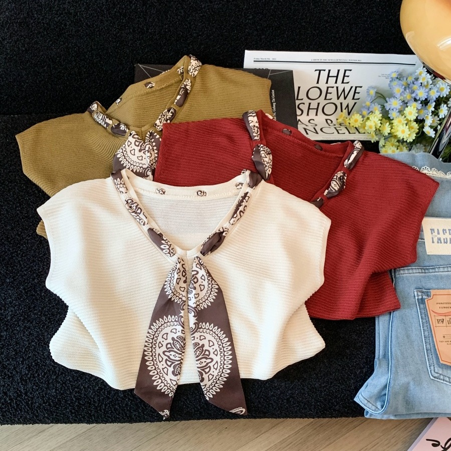 Retro Red Silk Scarf V-Neck Knit Vest for Women Summer Loose Slimming Sleeveless Top - Image 5