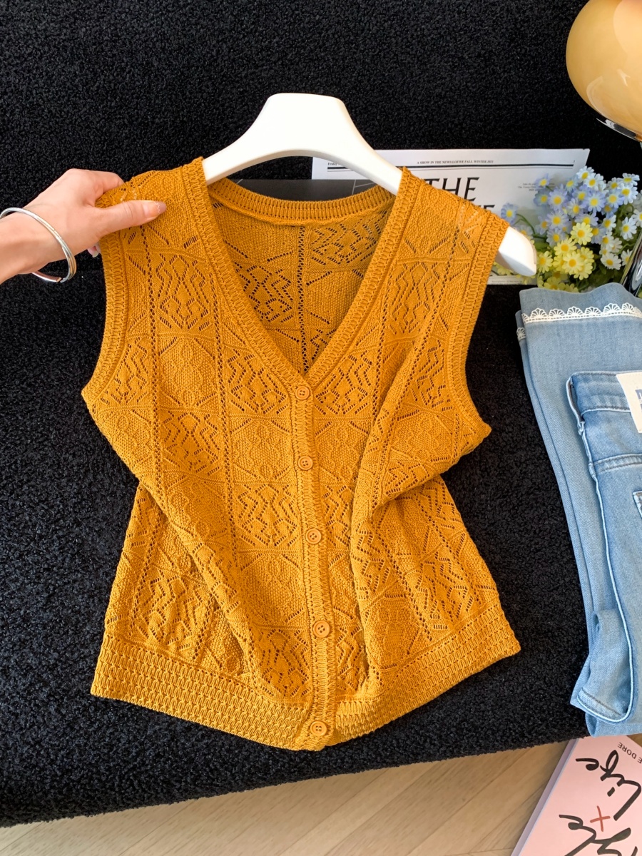 Old Money Style Summer Open-Knit Sleeveless Knit Vest for Women Thin Summer Outerwear Top