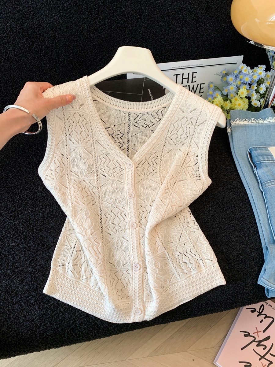 Old Money Style Summer Open-Knit Sleeveless Knit Vest for Women Thin Summer Outerwear Top - Image 2