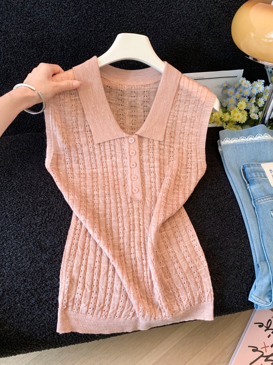 Korean Retro Collar Hollow Knit Vest for Women 2026 Summer Slimming Thin Top - Image 3