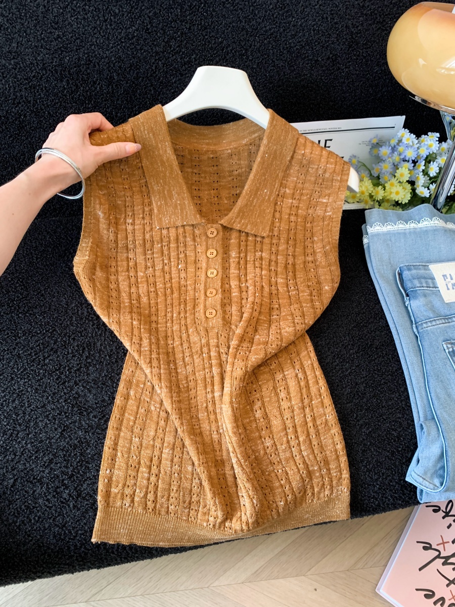 Korean Retro Collar Hollow Knit Vest for Women 2026 Summer Slimming Thin Top