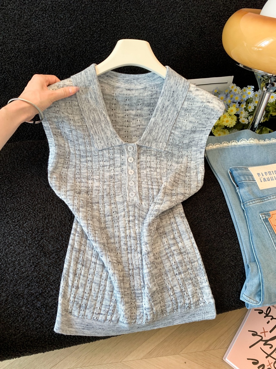 Korean Retro Collar Hollow Knit Vest for Women 2026 Summer Slimming Thin Top - Image 2