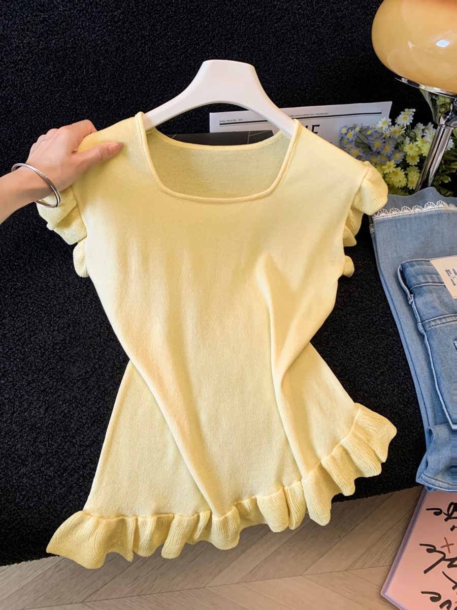 French Sweet Ruffle Sleeve Lettuce Trim Slim Knit Top for Women - Image 2