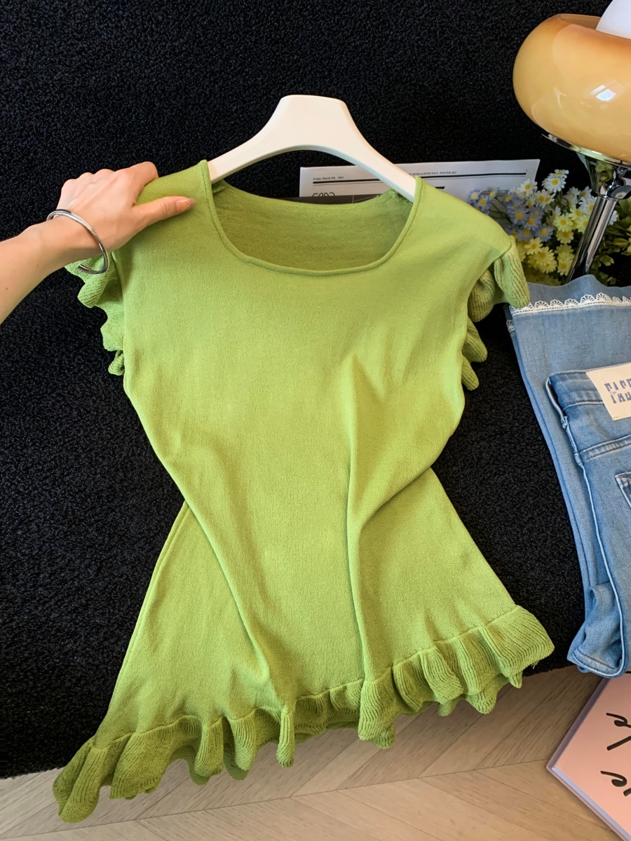 French Sweet Ruffle Sleeve Lettuce Trim Slim Knit Top for Women