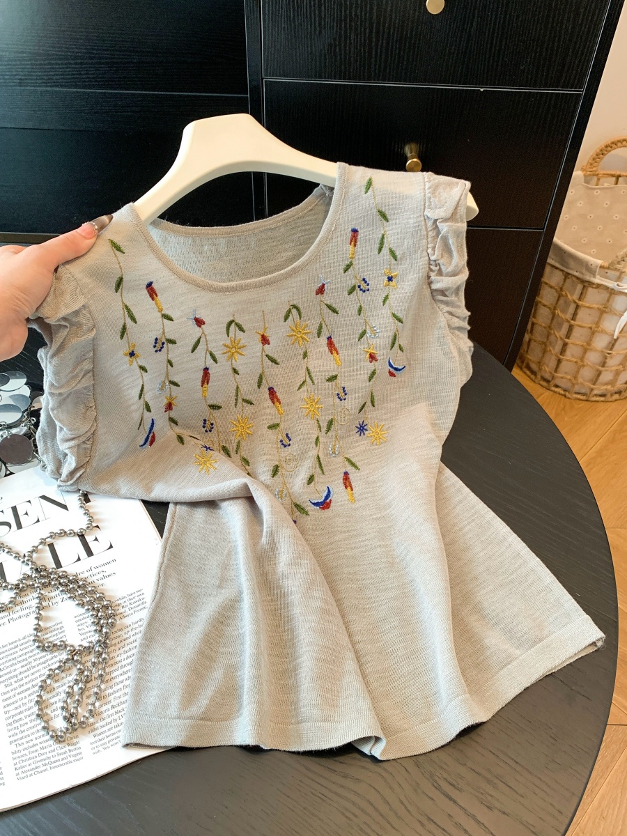 Ethnic Embroidered Knit Short Sleeve T-Shirt for Women Summer Slimming Versatile Top - Image 2