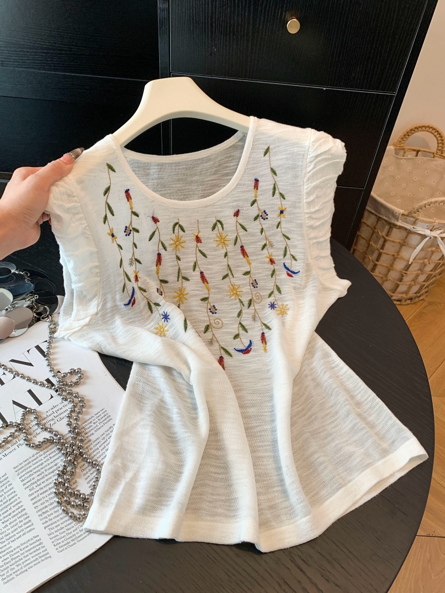 Ethnic Embroidered Knit Short Sleeve T-Shirt for Women Summer Slimming Versatile Top