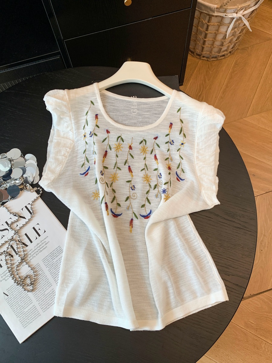 Ethnic Embroidered Knit Short Sleeve T-Shirt for Women Summer Slimming Versatile Top - Image 3