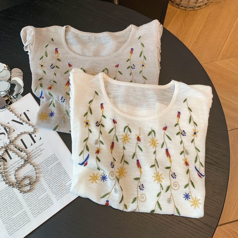 Ethnic Embroidered Knit Short Sleeve T-Shirt for Women Summer Slimming Versatile Top - Image 5