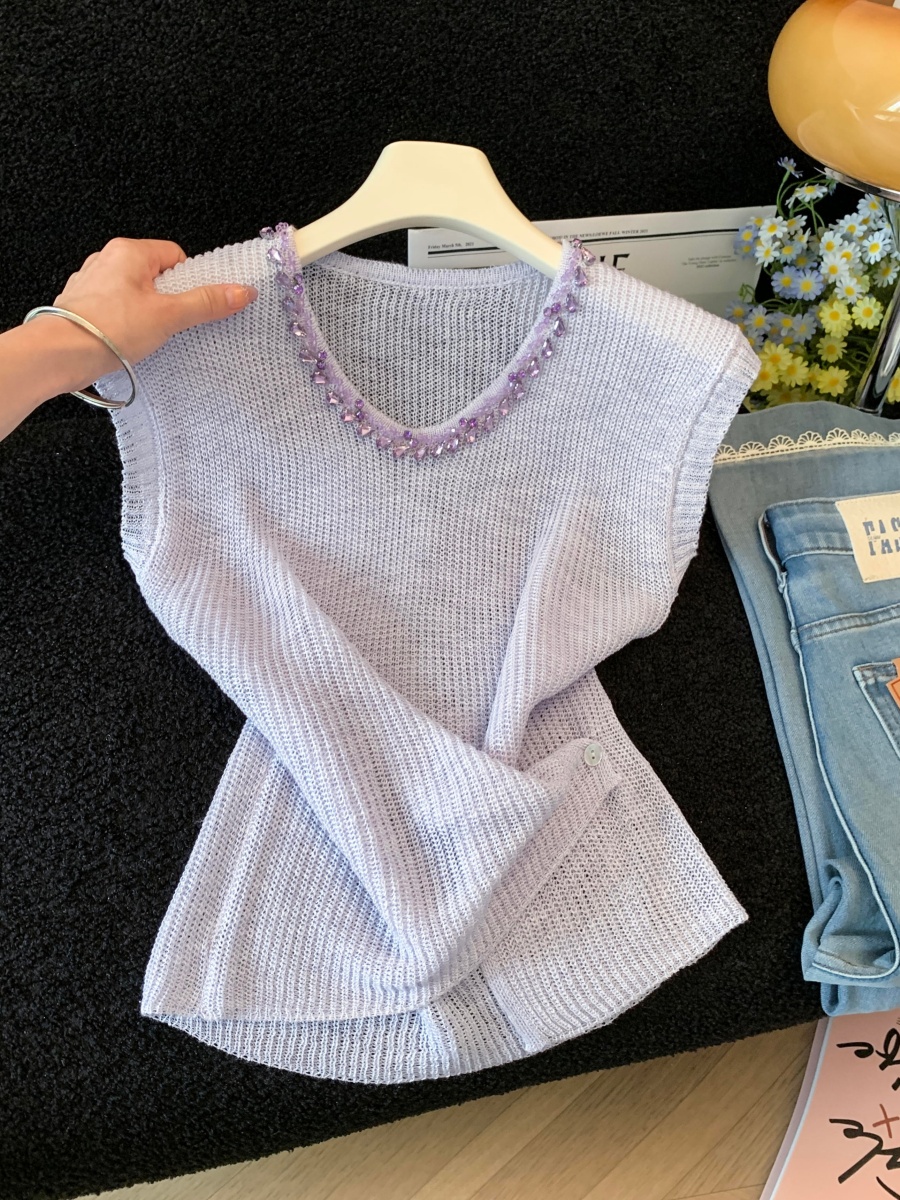 French Style Rhinestone V-Neck Flutter Sleeve Knit Top for Women Summer Loose Slimming Blouse