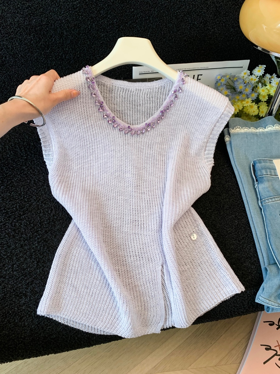 French Style Rhinestone V-Neck Flutter Sleeve Knit Top for Women Summer Loose Slimming Blouse - Image 3