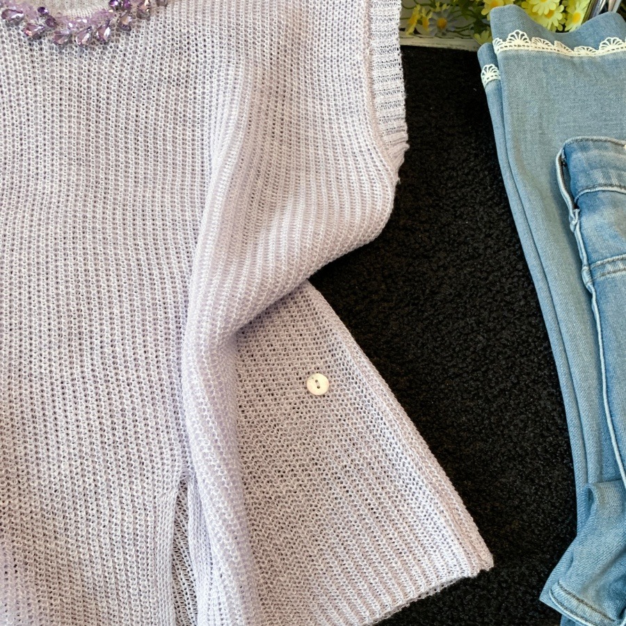 French Style Rhinestone V-Neck Flutter Sleeve Knit Top for Women Summer Loose Slimming Blouse - Image 5