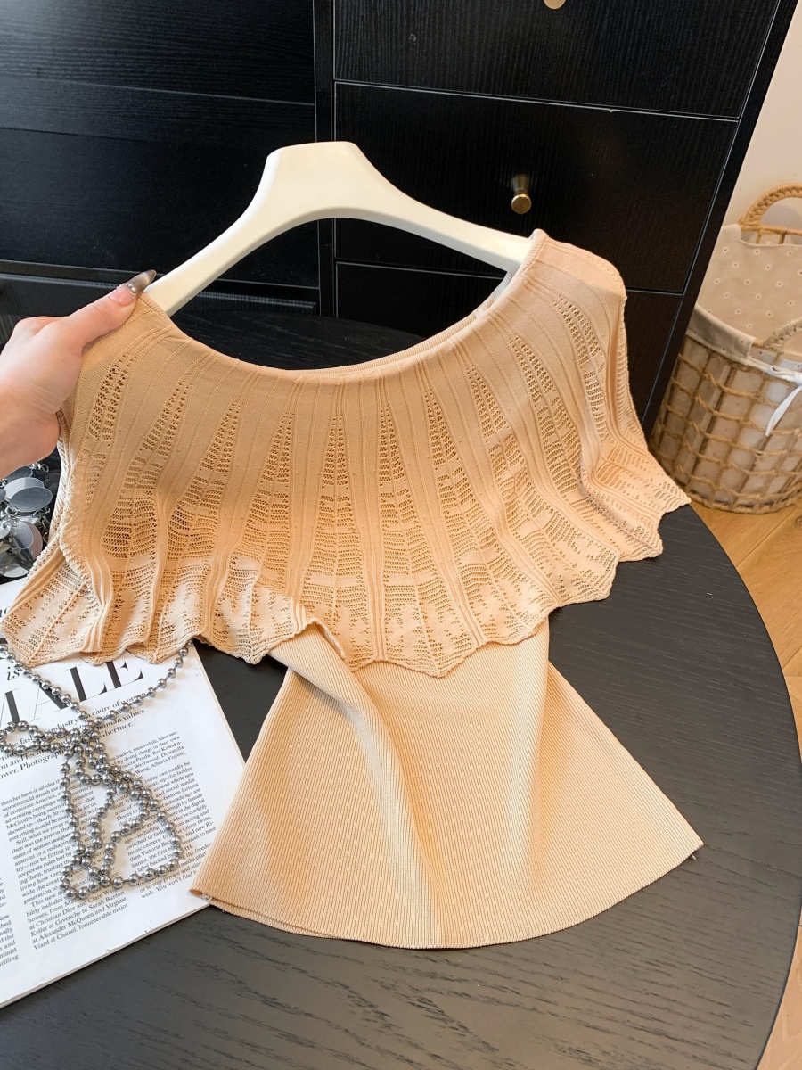 French Style Off-Shoulder Ruffle Patchwork Faux Two-Piece Slimming Knit T-Shirt for Women Summer 2026 - Image 2