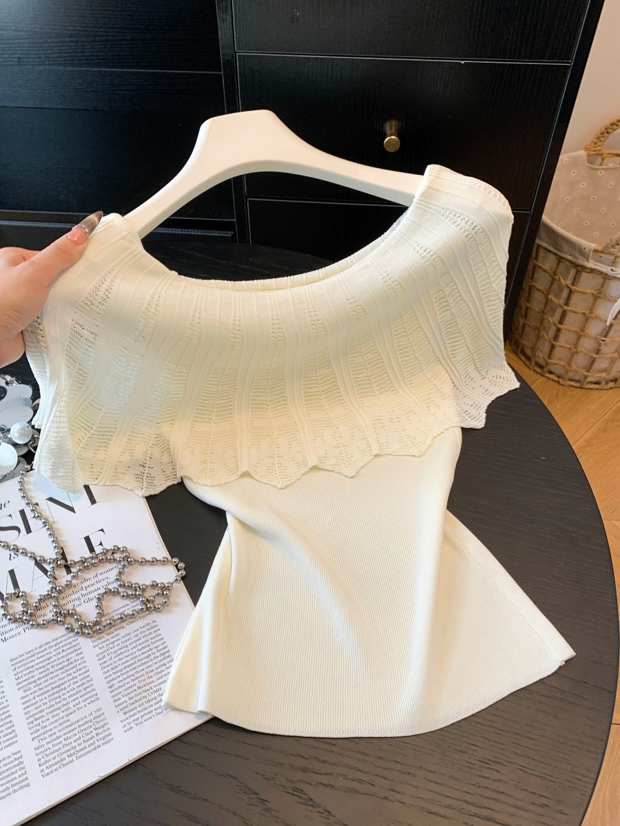 French Style Off-Shoulder Ruffle Patchwork Faux Two-Piece Slimming Knit T-Shirt for Women Summer 2026