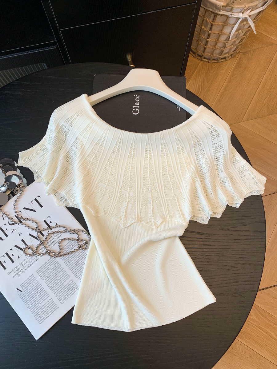French Style Off-Shoulder Ruffle Patchwork Faux Two-Piece Slimming Knit T-Shirt for Women Summer 2026 - Image 4