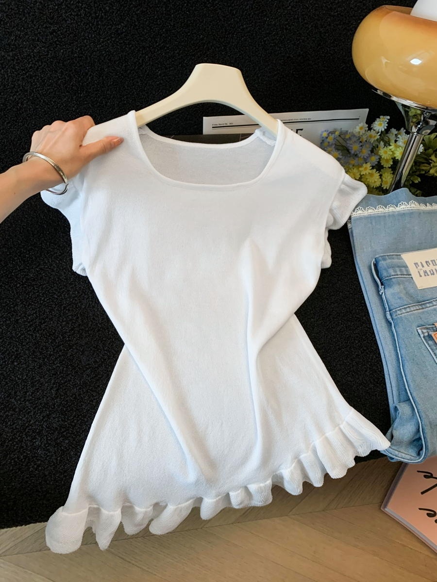 French Sweet Ruffle Sleeve Lettuce Trim Slim Knit Top for Women - Image 3