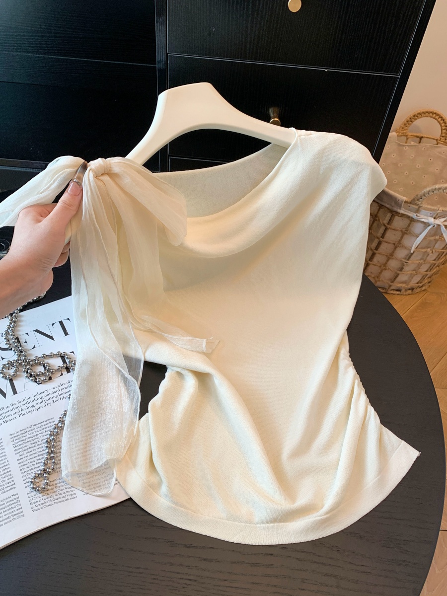 Women Summer Knit Sleeveless Top with Draped Neck and Ribbon French Style