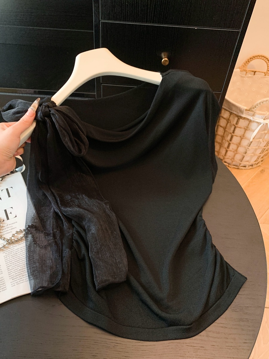 Women Summer Knit Sleeveless Top with Draped Neck and Ribbon French Style - Image 3