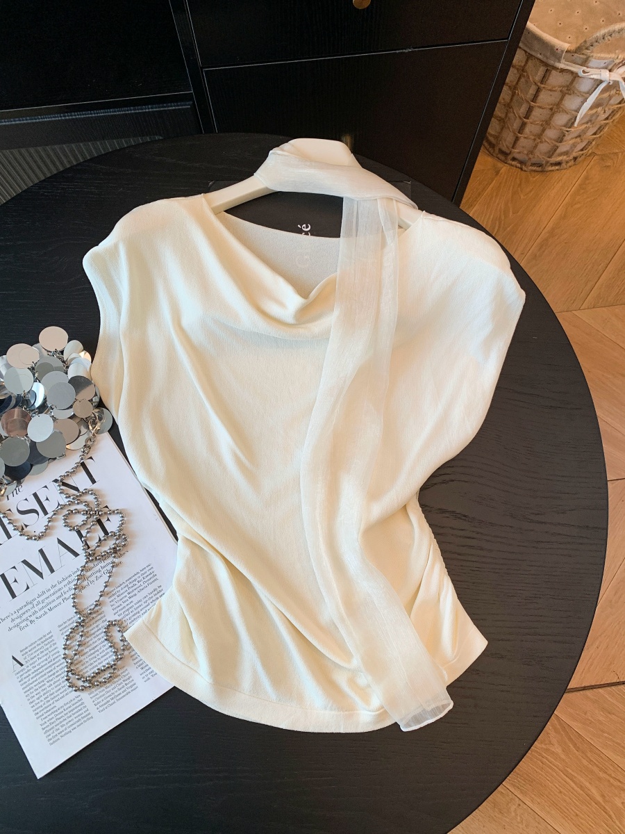 Women Summer Knit Sleeveless Top with Draped Neck and Ribbon French Style - Image 4